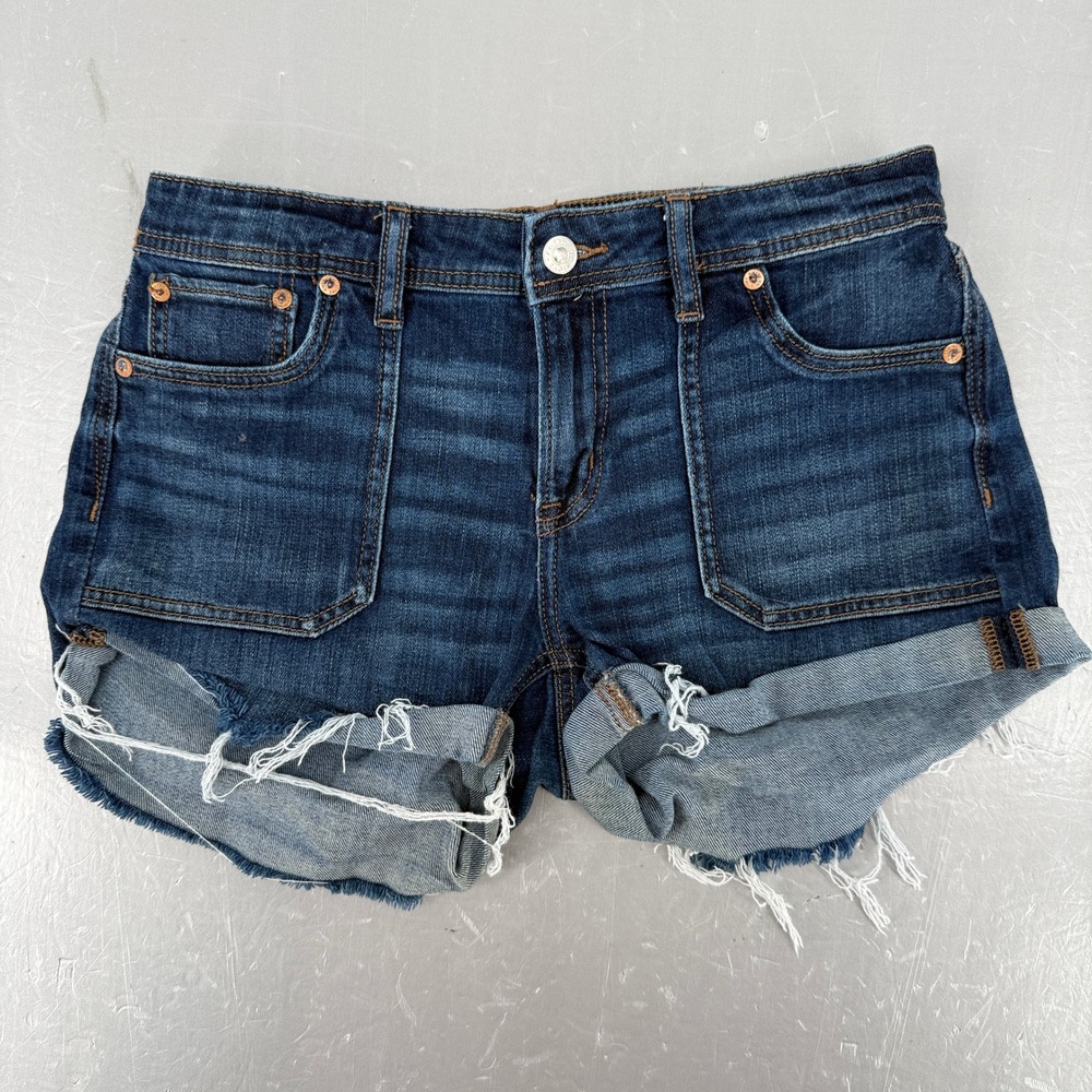 American Eagle Easy Shortie Denim Shorts Dark Wash Stretch Size 0 Cut Off Frayed
